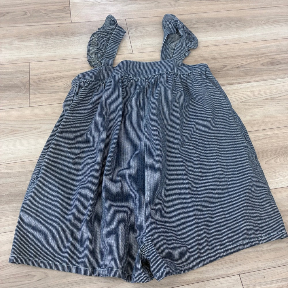 Le Lis Collection Blue White Striped Ruffle Strap Front Zip Romper Large NWT